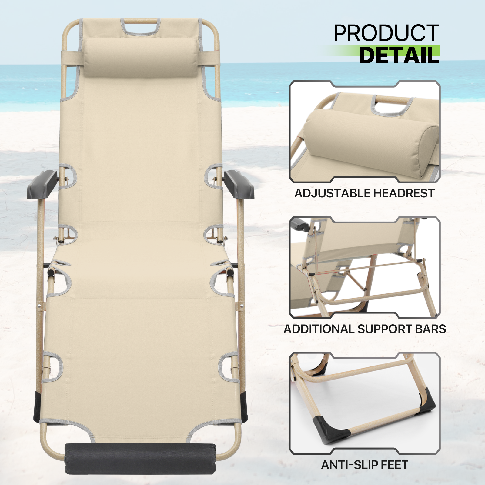 Foldable Patio Chair Cream Outdoor Adjustable Reclinable Fabric Seat w/Headrest