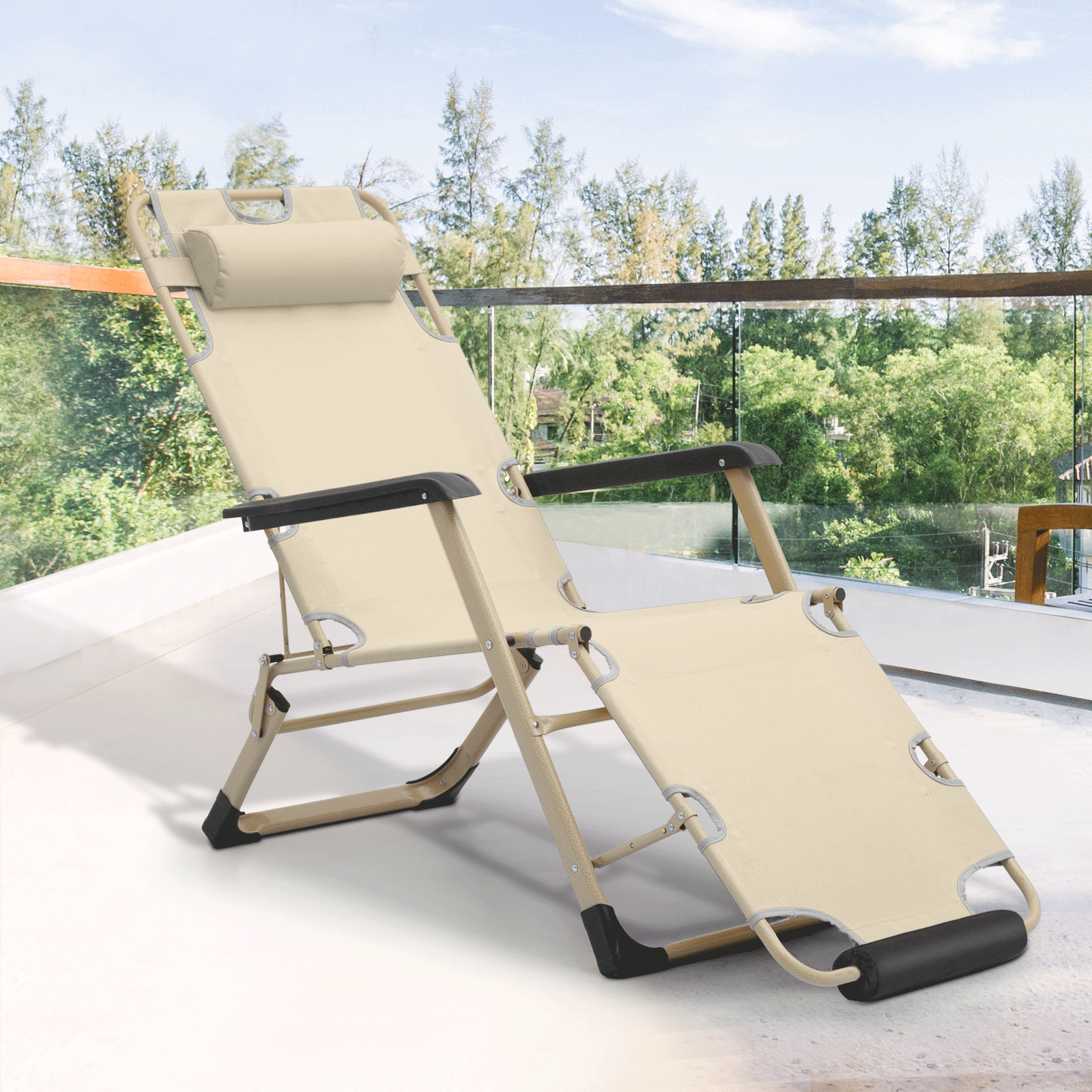 Foldable Patio Chair Cream Outdoor Adjustable Reclinable Fabric Seat w/Headrest